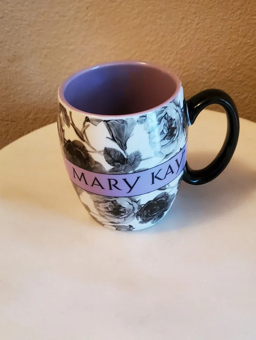Mary Kay Black, White & Lavendar Floral Logo Ceramic Mug.